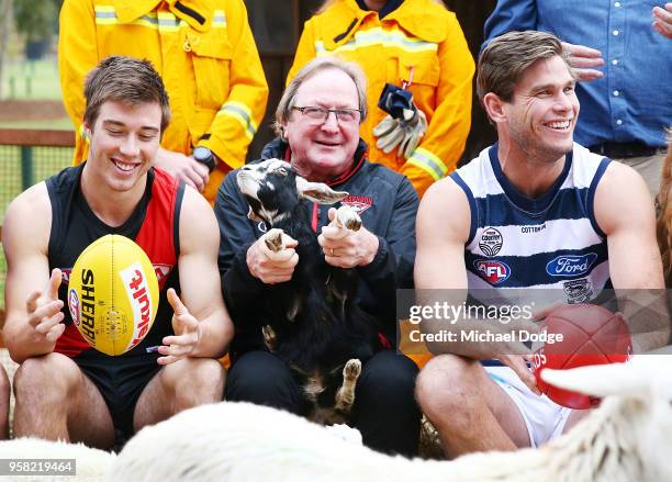 Legend Essendon Bombers former coach Kevin Sheedy with Tom Hawkins of the Cats and Zach Merrett of the Bombers during the Powercor Country Festival...