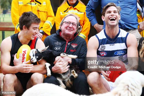 Legend Essendon Bombers former coach Kevin Sheedy with Tom Hawkins of the Cats and Zach Merrett of the Bombers during the Powercor Country Festival...
