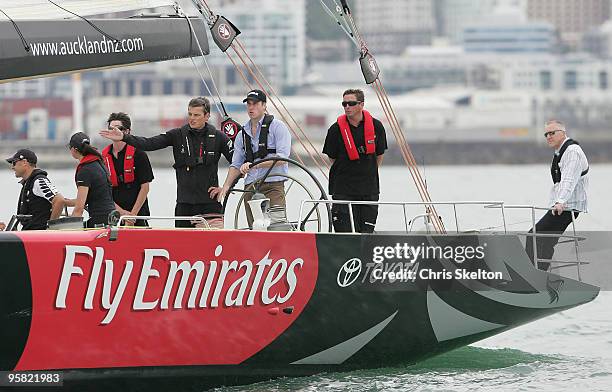 Prince William Helms NZL 41 on Aucklands Waitemata Harbour with Team New Zealands skipper Dean Barker on the first day of his visit to New Zealand on...