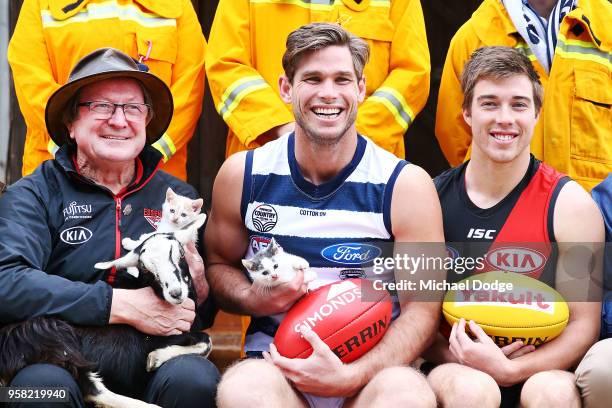 Legend Essendon Bombers former coach Kevin Sheedy with Tom Hawkins of the Cats and Zach Merrett of the Bombers during the Powercor Country Festival...