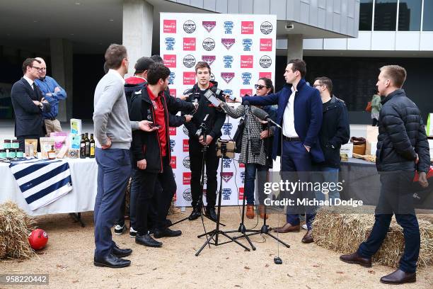 Zach Merrett of the Bombers speaks to media during Launch at Melbourne Cricket Ground on May 14, 2018 in Melbourne, Australia. The Essendon Bombers...