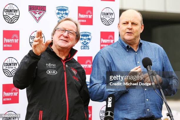 Legend Essendon Bombers former coach Kevin Sheedy and Cats legend Billy Brownless speask to media during the Powercor Country Festival Launch at...
