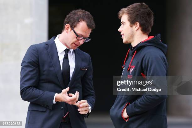 Essendon Bombers CEO Xavier Campbell talks with Zach Merrett of the Bombers during the Powercor Country Festival Launch at Melbourne Cricket Ground...