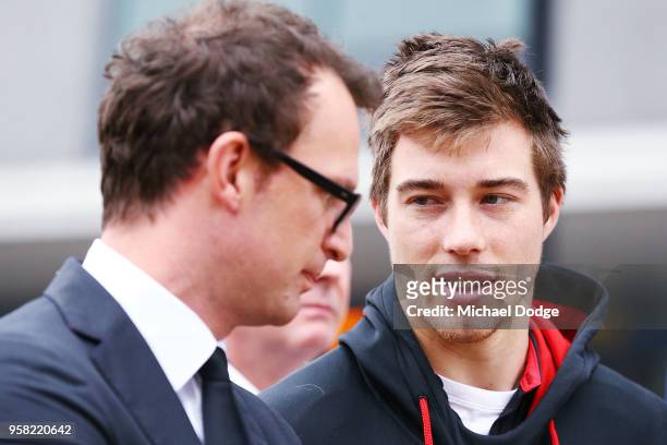 Essendon Bombers CEO Xavier Campbell talks with Zach Merrett of the Bombers during the Powercor Country Festival Launch at Melbourne Cricket Ground...