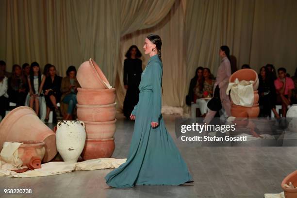 Model walks the runway during the Albus Lumen show at Mercedes-Benz Fashion Week Resort 19 Collections at Carriageworks on May 14, 2018 in Sydney,...