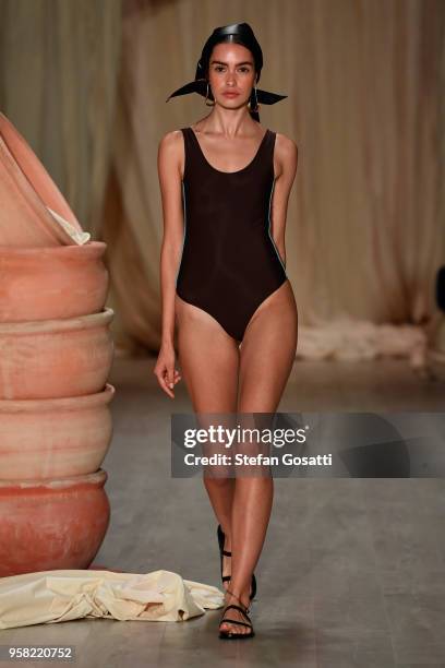 Model walks the runway during the Albus Lumen show at Mercedes-Benz Fashion Week Resort 19 Collections at Carriageworks on May 14, 2018 in Sydney,...