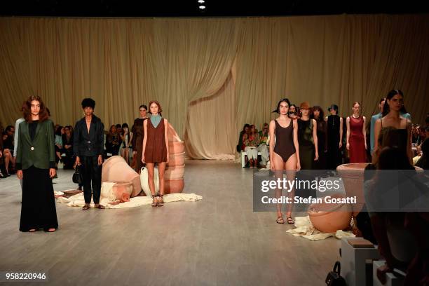Models walk the runway during the Albus Lumen show at Mercedes-Benz Fashion Week Resort 19 Collections at Carriageworks on May 14, 2018 in Sydney,...
