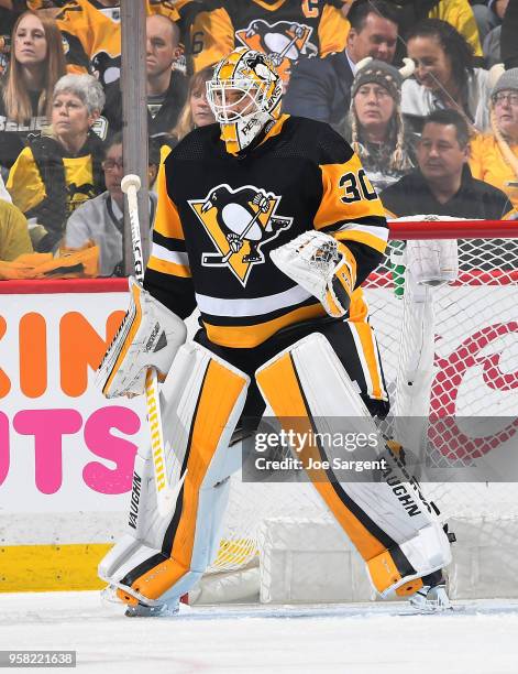 Matt Murray of the Pittsburgh Penguins defends the net against the Washington Capitals in Game Six of the Eastern Conference Second Round during the...