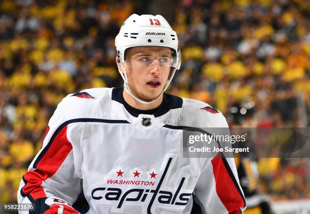 Jakub Vrana of the Washington Capitals skates against the Pittsburgh Penguins in Game Six of the Eastern Conference Second Round during the 2018 NHL...