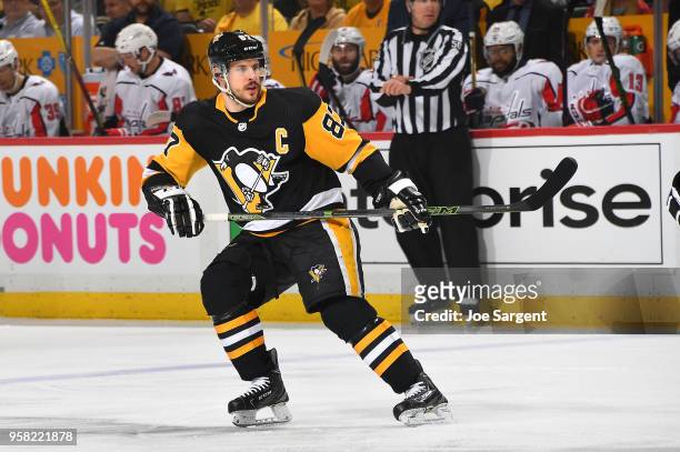 Sidney Crosby of the Pittsburgh Penguins skates against the Washington Capitals in Game Six of the Eastern Conference Second Round during the 2018...