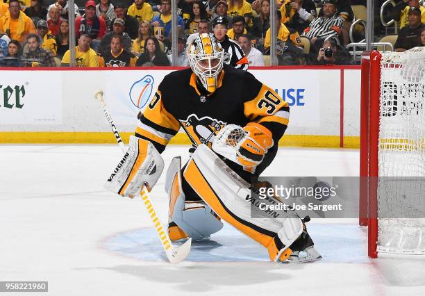 Matt Murray of the Pittsburgh Penguins defends the net against the Washington Capitals in Game Six of the Eastern Conference Second Round during the...