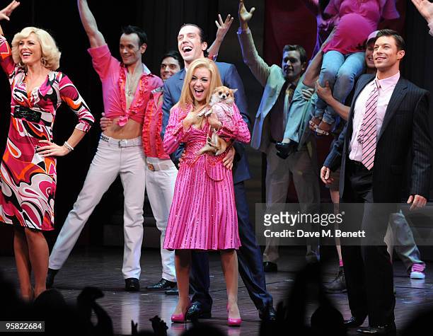 Sheridan Smith, Alex Gaumond, Duncan James and cast perform during the curtain call for Legally Blonde at the Savoy Theatre on January 15, 2010 in...