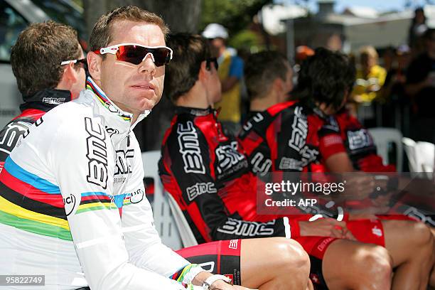 Cadel Evans racing for BMC Racing Team and current World Road Cycling Champion rests before the teams presentation prior to the start of the Tour...