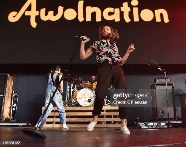 Zach Irons, Aaron Bruno and Isaac Carpenter of Awolnation perform during the Live 105's BFD at Concord Pavilion on May 13, 2018 in Concord,...