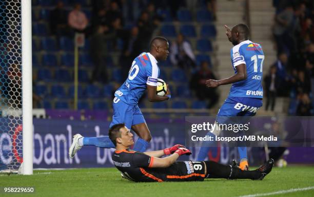 Genk , Belgium / Krc Genk v Kaa Gent / "nAlly SAMATTA - Celebration"nFootball Jupiler Pro League 2017 - 2018 Play-Off 1 Matchday 8 / "nPicture by...