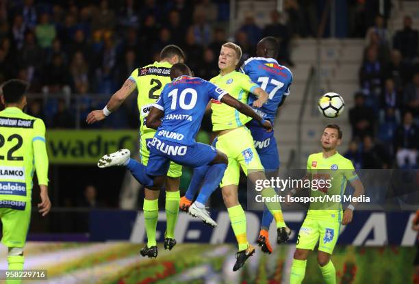 Genk , Belgium / Krc Genk v Kaa Gent / "nSamuel GIGOT - Ally SAMATTA - Sigurd ROSTED - Ibrahima SECK"nFootball Jupiler Pro League 2017 - 2018...