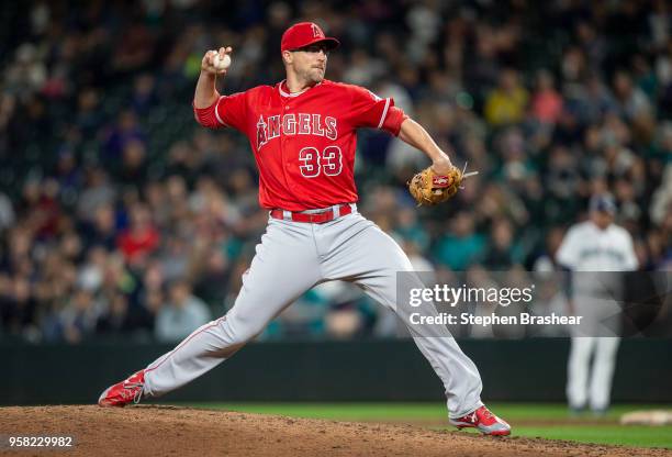 Reliever Jim Johnson of the Los Angeles Angels of Anaheim delivers a pitch during a game against the Seattle Mariners at Safeco Field on May 5, 2018...