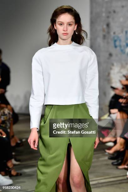 Model walks the runway during the Bianca Spender show at Mercedes-Benz Fashion Week Resort 19 Collections at Carriageworks on May 14, 2018 in Sydney,...