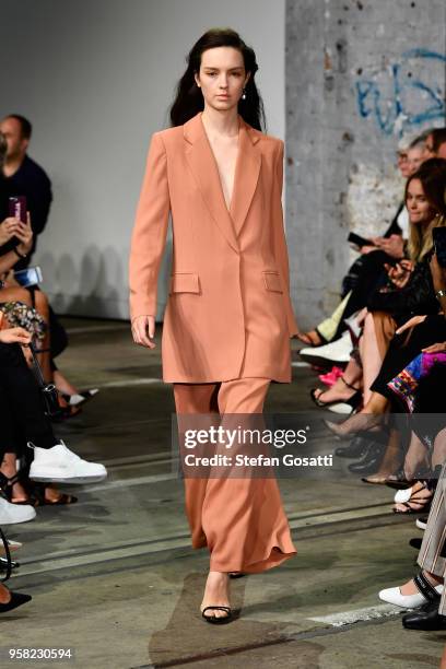 Model walks the runway during the Bianca Spender show at Mercedes-Benz Fashion Week Resort 19 Collections at Carriageworks on May 14, 2018 in Sydney,...