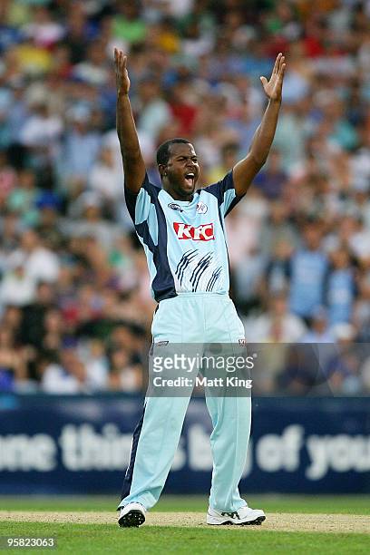 Dwayne Smith appeals successfully for the wicket of Daniel Christian of the Redbacks during the Twenty20 Big Bash match between the New South Wales...