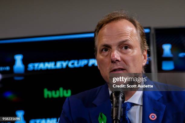 Head Coach Jon Cooper of the Tampa Bay Lightning gives a post game interview after the loss to the Washington Capitals after Game Two of the Eastern...