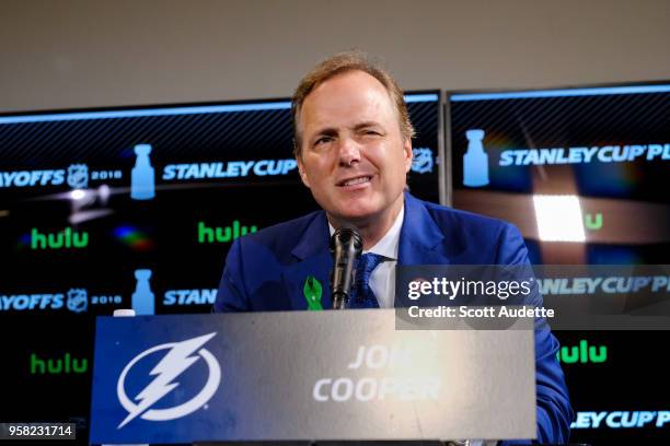 Head Coach Jon Cooper of the Tampa Bay Lightning gives a post game interview after the loss to the Washington Capitals after Game Two of the Eastern...