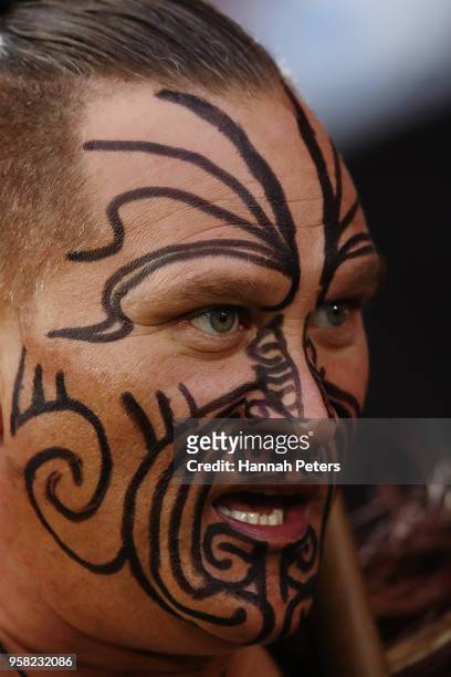 Maori warrior looks on ahead of the round 10 NRL match between the New Zealand Warriors and the Sydney Roosters at Mt Smart Stadium on May 12, 2018...