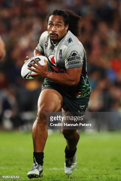 Bunty Afoa of the Warriors charges forward during the round 10 NRL match between the New Zealand Warriors and the Sydney Roosters at Mt Smart Stadium...