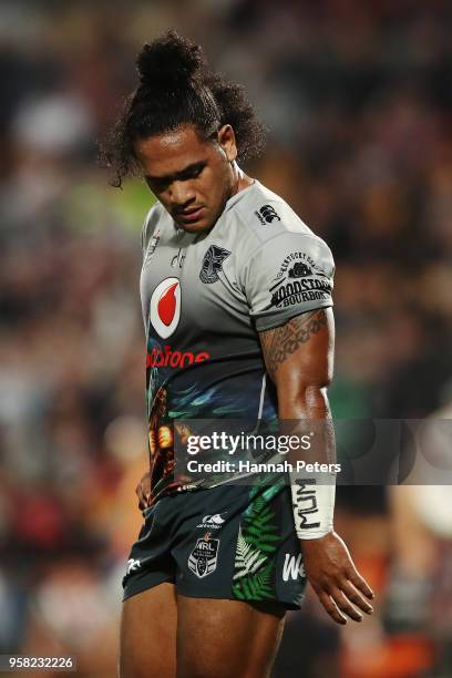 Solomone Kata of the Warriors looks on during the round 10 NRL match between the New Zealand Warriors and the Sydney Roosters at Mt Smart Stadium on...