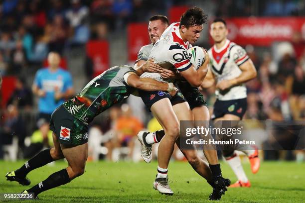 Joseph Manu of the Roosters charges forward during the round 10 NRL match between the New Zealand Warriors and the Sydney Roosters at Mt Smart...