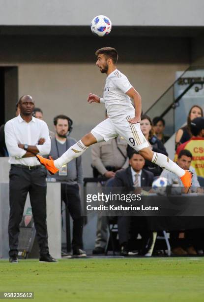 Diego Rossi of Los Angeles FC heads the ball at Banc of California Stadium on May 13, 2018 in Los Angeles, California.