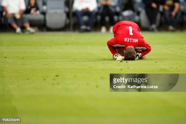 Tyler Miller of Los Angeles FC kneels at Banc of California Stadium on May 13, 2018 in Los Angeles, California.