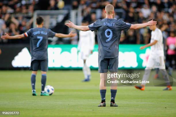 David Villa and Jo Inge Berget of New York City FC protest a call at Banc of California Stadium on May 13, 2018 in Los Angeles, California.
