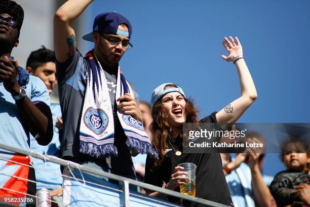 New York City FC fans cheer at Banc of California Stadium on May 13, 2018 in Los Angeles, California.