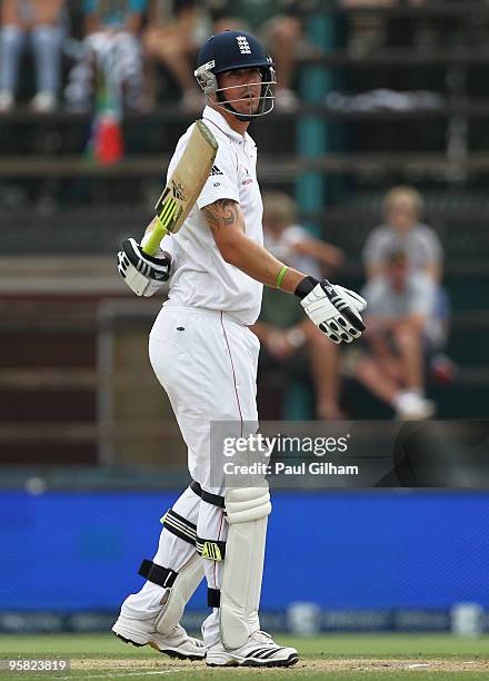 Kevin Pietersen of England looks dejected after losing his wicket to Wayne Parnell of South Africa for 12 runs when he was caught behind by Mark...