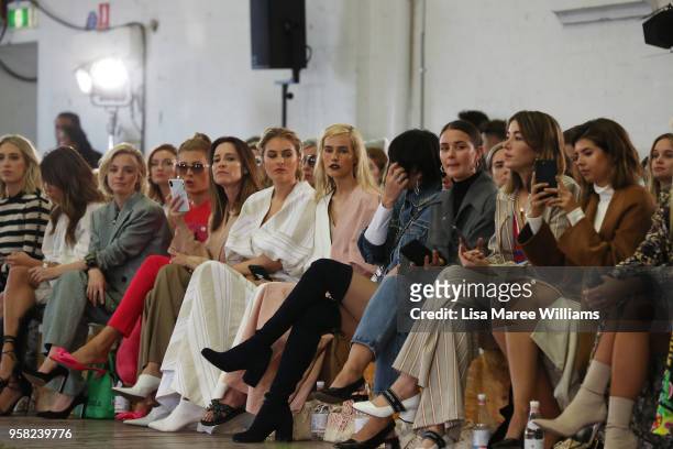 Carissa Walford, Isabella Manfredi and Isabel Lucas attend the Lee Mathews show at Mercedes-Benz Fashion Week Resort 19 Collections at Carriageworks...