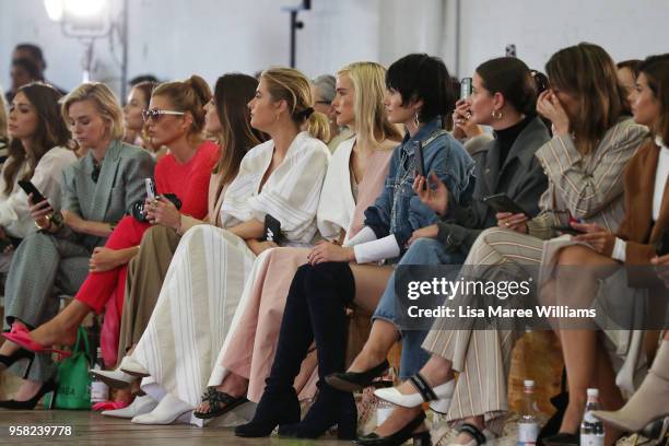 Carissa Walford, Isabella Manfredi and Isabel Lucas attend the Lee Mathews show at Mercedes-Benz Fashion Week Resort 19 Collections at Carriageworks...