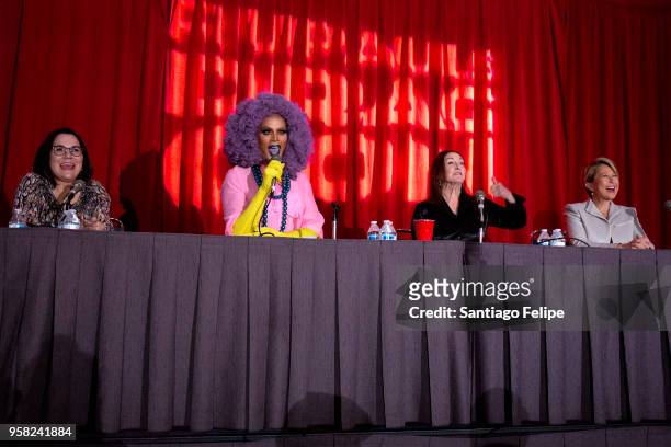 Carolyn Omine, Raja Tress MacNeille and Yeardley Smith attend the 4th Annual RuPaul's DragCon at Los Angeles Convention Center on May 13, 2018 in Los...