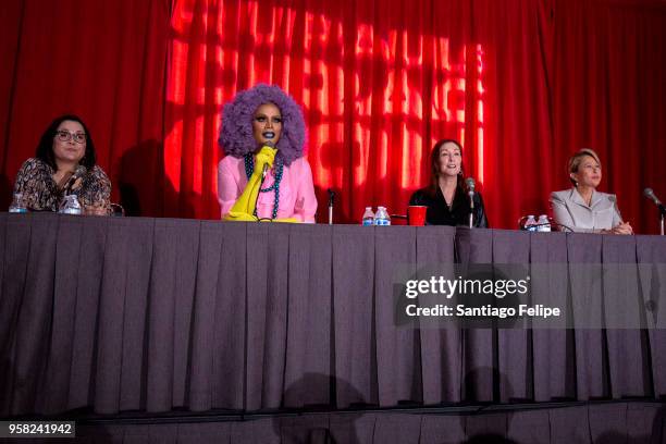 Carolyn Omine, Raja Tress MacNeille and Yeardley Smith attend the 4th Annual RuPaul's DragCon at Los Angeles Convention Center on May 13, 2018 in Los...