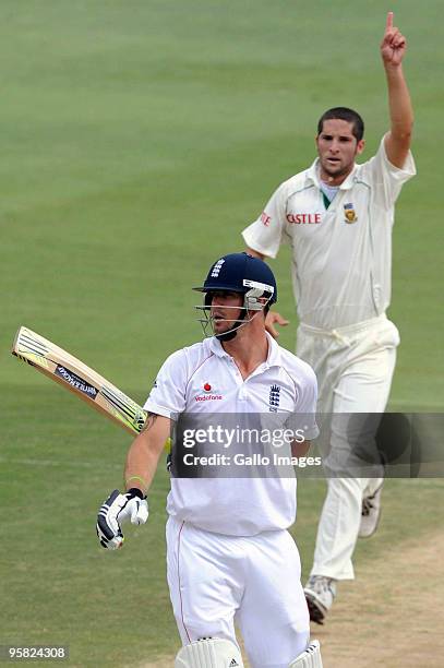Wayne Parnell of South Africa celebrates the wicket of Kevin Pietersen of England during day 4 of the 4th Test match between South Africa and England...