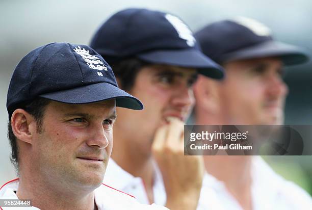 Andrew Strauss, Alastair Cook, and Kevin Pietersen of England look dejected following England's loss to South Africa during day four of the fourth...