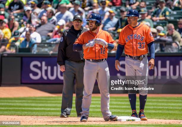 Houston Astros Catcher Max Stassi on first base during the game between the Houston Astros and the Oakland Athletics on May 9, 2018 at O.co Coliseum...