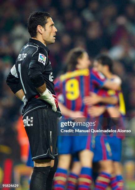 Andres Palop of Sevilla looks on during the La Liga match between Barcelona and Sevilla at the Camp Nou stadium on January 16, 2010 in Barcelona,...