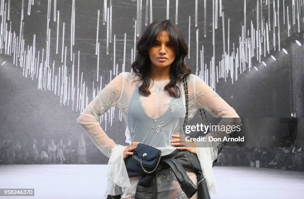 Fran Doll wears Isabel Quinn dress, Dylan Kane bag and Bellini shoes during Mercedes-Benz Fashion Week Resort 19 Collections at Carriageworks on May...