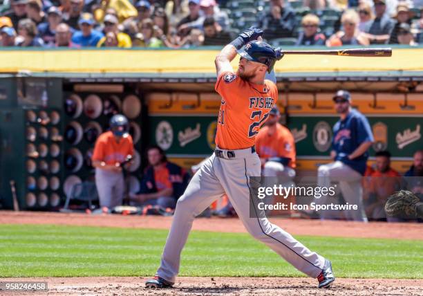 Houston Astros Outfield Derek Fisher connects on a pitch during the game between the Houston Astros and the Oakland Athletics on May 9, 2018 at O.co...