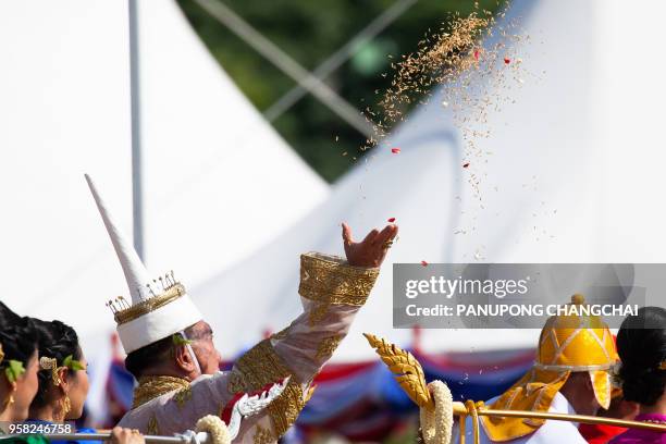 Brahmin priest performs a ritual during the annual royal ploughing ceremony presided by Thai King Maha Vajiralongkorn outside Bangkok's royal palace...