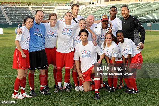 Part of Team 'Mia' poses during a break in the 3rd Annual Mia Hamm & Nomar Garciaparra Celebrity Soccer Challenge at The Home Depot Center on January...