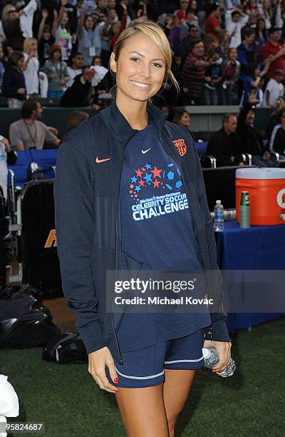 Actress Stacy Keibler plays in the 3rd Annual Mia Hamm & Nomar Garciaparra Celebrity Soccer Challenge at The Home Depot Center on January 16, 2010 in...