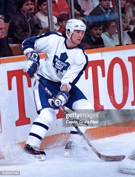 Luke Richardson of the Toronto Maple Leafs skates against the New York Rangers during NHL game action on January 28, 1989 at Maple Leaf Gardens in...