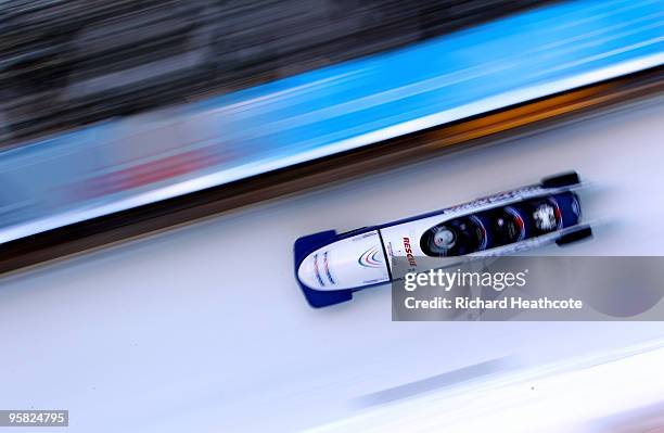 Great Britian 1 driven by Lee Johnston goes around the Horseshoe during the four man FIBT Bobsliegh World Cup round 7 race at the Olympia Bobrun on...